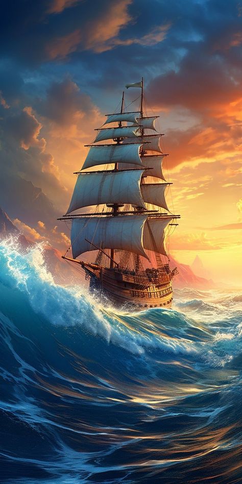 Ghost Ship Art, Pirate Ship Art, Navi A Vela, Boat Wallpaper, Sailing Art, Old Sailing Ships, Maritime Art, Ship Drawing, Ship Paintings