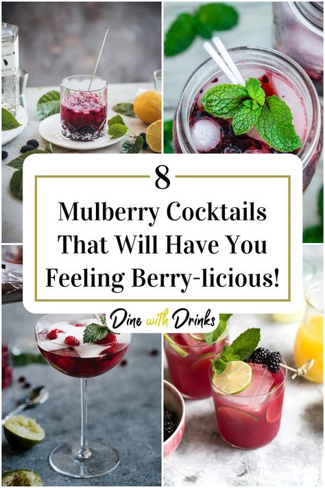 Collage of 4 mulberry cocktails. Mulberry Gin Cocktail, Mixed Berry Cocktail, Mulberry Cocktail, Mullbery Recipe, Fruity Cocktail Recipes, Gin Drink Recipes, Berry Drinks, Berry Cocktail, Mulberry Recipes