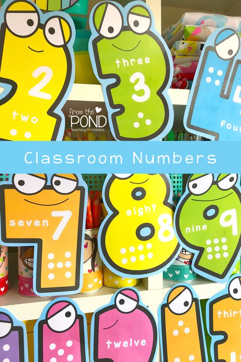 This big fun classroom numbers combine classroom curriculum and decor! They look happy, bright and fun but also teach your students numbers, counting, numeral identification, subitizing and number words. Print and display in your learning space. Find these and more on our classroom decor page. Preschool Number Wall Display, Numbers Display Preschool, Math Classroom Decorations Kindergarten, Number Classroom Decoration, Numbers For Classroom Wall, Numbers Preschool Decoration, Big Numbers Printable, Numbers Wall Decor Classroom, Classroom Number Posters