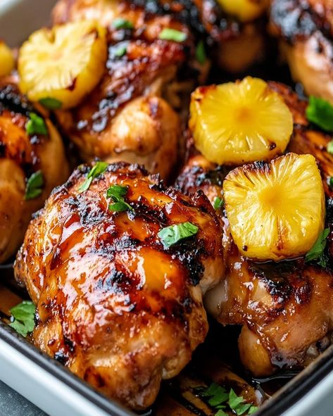 Baked Huli Huli Chicken with a sweet and savory pineapple glaze. This easy Hawaiian recipe is perfect for a delicious family dinner Hawaiian Baked Huli Huli Chicken, Chicken Huli Huli Recipe, Sheet Pan Teriyaki Chicken And Pineapple, Aloha Chicken Casserole, Chicken Thigh Recipes With Pineapple, Hawaiian Chicken With Pineapple, Sweet Pineapple Chicken, Baked Huli Huli Chicken Thighs, Baked Huli Huli Chicken Recipe