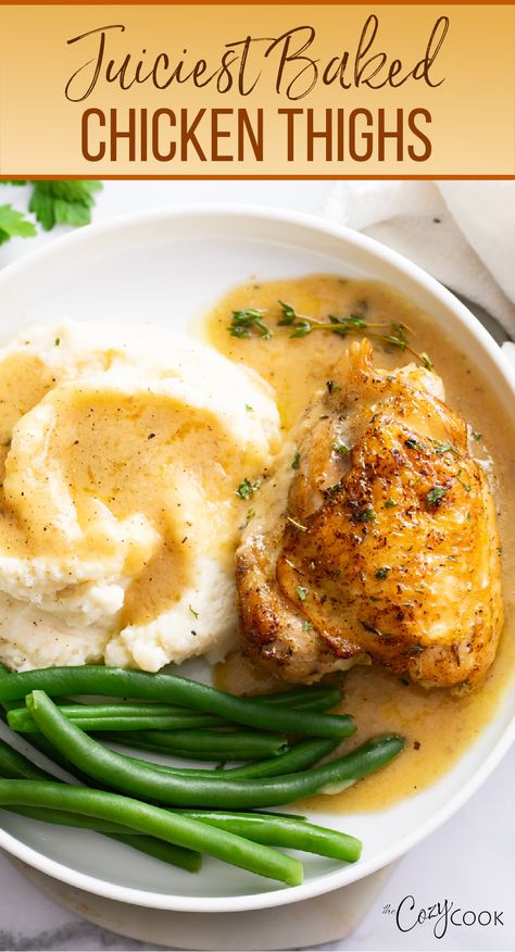 baked chicken thighs with a side of mashed potatoes and a side of vegetables. All topped with gravy Maple Chicken Recipes, Chicken Legs In Air Fryer, Chicken Thighs Crockpot, Chicken Thighs Instant Pot, Chicken Thighs In Oven, Chicken Thighs Dinner, Maple Chicken, Chicken Mashed Potatoes, Juicy Baked Chicken