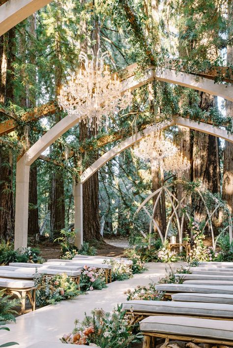 Looking for the ultimate enchanted forest wedding ceremony décor? Look no further than this wedding ceremony in California that took place in a redwood tree grove with a custom open-air chapel. See more details from this magical forest wedding at the link. Enchanted Forest Wedding Ceremony, Forest Wedding Decorations, Enchanted Forest Wedding Theme, Open Air Chapel, Forest Wedding Ceremony, Forest Wedding Venue, French Country Wedding, Bridal Stylist, Redwood Wedding