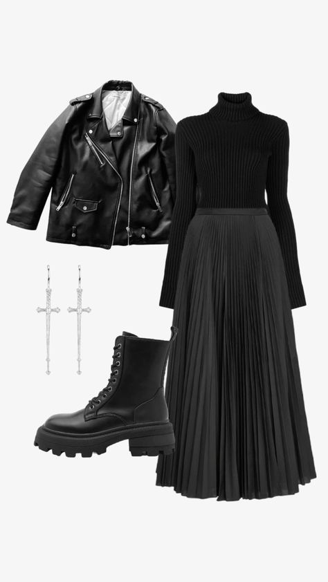 winter collection Goth Outfits With Leather Jacket, Dark Teacher Outfits, Dark Feminine Outfits Office, Gothic Work Outfit Corporate Goth, Pure Black Outfit, Edgy Modest Outfits, Winter Gothic Outfits, Goth Corporate Work Outfits, School Winter Formal Dresses