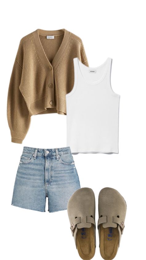 Brown Birkenstock Clogs, Birkenstock Outfit Summer, Birkenstock Clog Outfit, Clog Outfit, Brown Birkenstock, Birkenstock Clogs, Birkenstock Outfit, Brown Cardigan, Tank Top Outfits