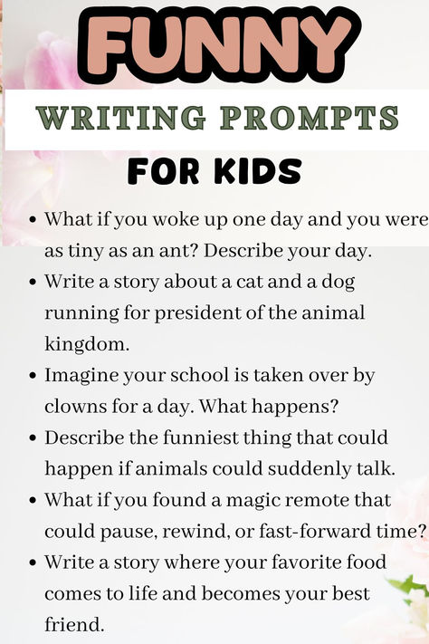 Here are some funny writing prompts for kids that they will love and enjoy doing. The writing prompts for kids will tap into their creativity. These humorous writing prompts will add a burst of laughter to your writing and inspire stories all on their own. Click to read more Fun Teaching Activities, What If Writing Prompts, Pokemon Writing Prompts, Fun Writing Prompts For Kids, November Writing Prompts For Kids, Fun Things To Write About, Fun Activities To Do With Kids At School, Writing Prompts 3rd Grade, 6th Grade Writing Prompts