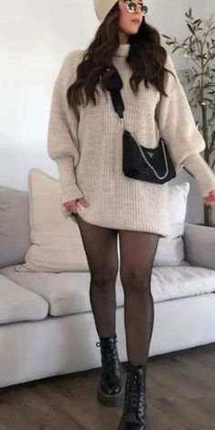 Cold Outfits To Go Out, New Years Cozy Outfit, Sweater With Stockings Outfit, Sweater Dress With Stockings Tights, Going Out Outfits 2023 Winter, Casual Bday Outfits Winter, Dresses With Stockings Outfit Fall, Sweater Dress With Thigh High Socks, Knitted Sweaters Dress Outfit