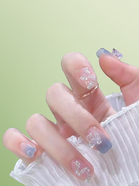 Dusty Blue  Collar  Plastic Ombre 3D Nails Embellished   Beauty Tools Blue Nails, 3d Nails, Wedding Nails, Dusty Blue Nail Ideas, Dusty Blue Nails Wedding, Dusty Blue Nails, Pearl Decor, Fake Nail, Beauty Tools