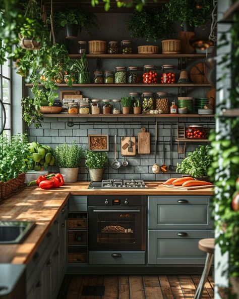 🖤 Dark Boho Kitchen Dreams: Where Edgar Allan Poe Meets Morticia Addams 🍳 Transforming my tiny kitchen into a moody culinary wonderland! Picture this: * Dramatic black cabinets with gleaming brass accents * Classic New York subway tiles for that urban edge * Open shelves showcasing my eclectic collection - glass skulls rubbing elbows with vintage lab beakers 🧪💀 * Shimmering copper pots ready for witchy brews (or just really good pasta) * Lush greenery breathing life into every corner 🌿 It’s a... Moody Farmhouse, Moody Kitchen, Cosy Kitchen, Cottage Kitchens, Boho Kitchen, Unique Kitchen, Cottage Kitchen, Dream House Decor, Rustic Kitchen