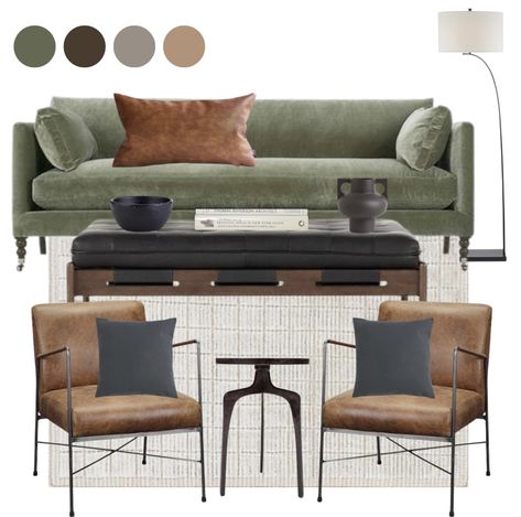 Green Couch Living Room Pillows, Green Couch Brown Chair, Green Leather Couch Living Room Ideas, Green And Brown Leather Living Room, Rugs To Go With Green Velvet Couch, Green Sofa Dining Room, Forest Green And Grey Living Room, Leather Couch Green Chair, Green And Leather Living Room