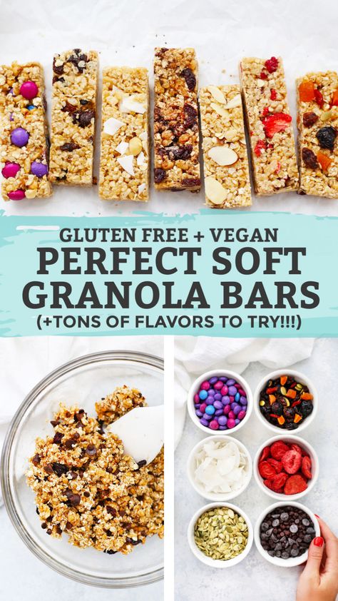 These homemade soft granola bars are loaded with goodies and naturally sweetened. A perfect healthy snack or school lunch idea! (Naturally sweetened, gluten free, vegan friendly.) // Gluten Free Granola Bars // Healthy Granola Bar Recipe // Homemade Granola Bars // After School Snack // Chewy Granola Bars // Healthy Snack // #glutenfree #dairyfree #granolabars #healthysnack #snack #schoollunch Homemade Soft Granola, Soft Granola Bars, Healthy Granola Bar Recipe, Granola Bars Healthy, Healthy Granola Bar, Granola Bar Recipe Healthy, Gluten Free Granola Bars, Soft Granola, Granola Bar Recipe