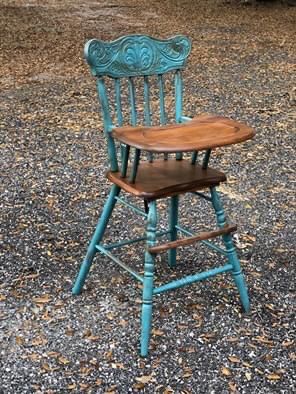 Turquoise chalk paint 
Distressed paint
Vintage high chair
Wooden high chair
Antique high chair
Antique baby
Vintage baby Repurpose High Chair Ideas, Painted High Chairs Vintage, Vintage Highchair, Painted High Chairs, Wood High Chair, Refurbish Ideas, Antique High Chairs, Wood High Chairs, Vintage High Chairs