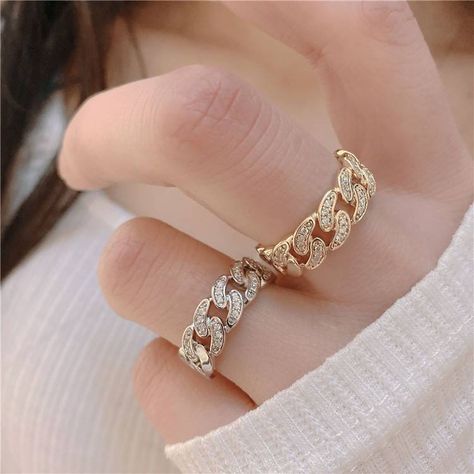 Pinky Rings For Women, Cuban Link Ring, Link Ring, Diamond Band Ring, Linking Rings, Couple Jewelry, Rhinestone Ring, Diamond Chain, Diamond Rings Bands