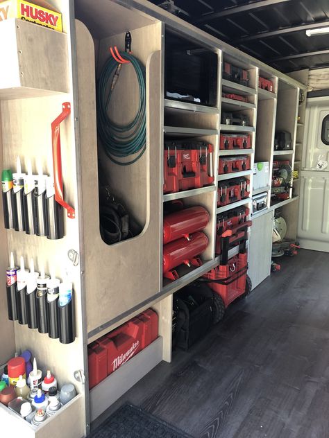 Ford Transit Work Van Organization, Sprinter Van Tool Storage Ideas, Diy Work Van Storage Ideas, Van Racking Ideas Carpenter, Van Tool Storage Ideas, Work Trailer Organization, Milwaukee Packout Ideas Van, Van Tool Storage, Work Trailer Organization Ideas