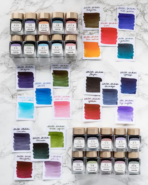 Twenty beautiful fountain pen ink colors, set in 20ml glass square bottles. Ink Swatches, Sailor Fountain Pen, Fountain Pen Ink Bottles, Stationery Obsession, Best Pencil, Dog Pen, Pretty Pens, Goulet Pens Company, Goulet Pens