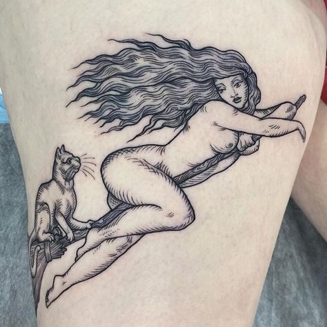 Vintage Witchy Tattoos, Witch On Broomstick Tattoo, Bone Witch Fan Art, Witch At The Stake Tattoo, Witch Broomstick Tattoo, Naked Witch Tattoo, Goddess Body Tattoo, Witch On Broom Tattoo, Kitchen Witch Tattoo