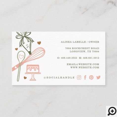 Pink & Olive Green Baking & Cooking Utensil Bakery Business Card2 Baking Business Cards, Up Carl Y Ellie, Cake Business Cards, Bakery Business Cards, Pink Business Card, Stylish Business Cards, Gold Business Card, White Business Card, Visiting Card Design