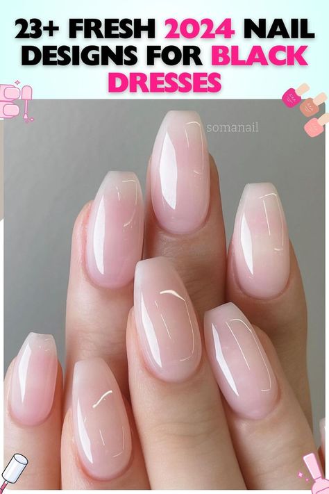 Soft pink acrylic coffin nails with a glossy finish, ideal for a clean and polished look. These nails for black dresses work well for both formal and casual settings, offering a timeless and elegant style. Nails For Formal Event Manicures Black Tie, Nail Designs For A Black Dress, Nail With Black Dress, Formal Event Nails Black Tie, Wedding Guest Nails Black Dress, Best Nails For Black Dress, Nail Polish For Black Dress, Formal Nails For Pink Dress, Black Tie Wedding Guest Nails