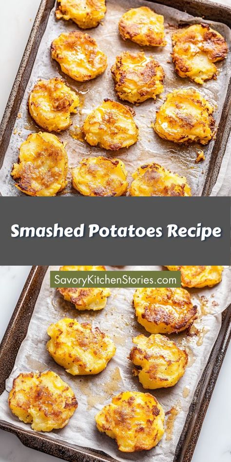 Craving a side that will wow at your next steak dinner? Our Smashed Potatoes Recipe offers a unique texture and taste that pairs perfectly with steak. Make sure to save this delicious recipe for when you're planning your next cozy dinner at home! Squashed Potato Recipes, Smashed Golden Potato Recipes, Yellow Smashed Potatoes, Smashed Potatoes Recipe Easy, Sides To Pair With Steak, Smashed Golden Potatoes In Oven, Sides For Steaks Easy, Squished Potato Recipes, Smash Potatoes Baked