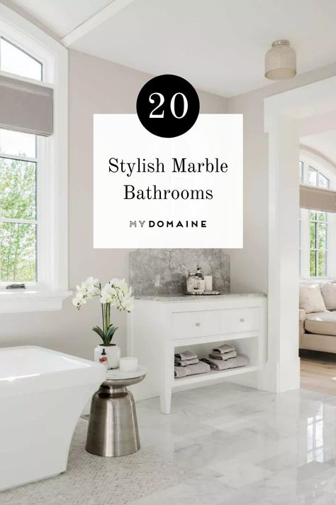 Marble can make almost any room feel a little more luxurious. Although marble can be costly, you can still get this finish on a budget. Ahead, we've got 20 stylish marble bathroom ideas for you. White Bathroom Inspiration Marble, Cappuccino Marble Bathroom, Asian Statuary Marble Bathroom, Bathroom Marble Tile Combinations, Marble Floor Bathroom Decor, Marble Bathroom Wall Color, All White Marble Bathroom, Italian Marble Bathroom Design, Carrera Marble Bathroom Color Scheme