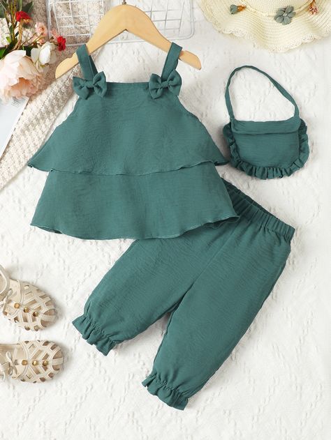 Dark Green Cute Collar Sleeveless Plain Embellished Slight Stretch Toddler Girls Clothing Kids Wear Girls, Shein Kids, Kids Frocks Design, Kids Dress Patterns, Kids Dress Wear