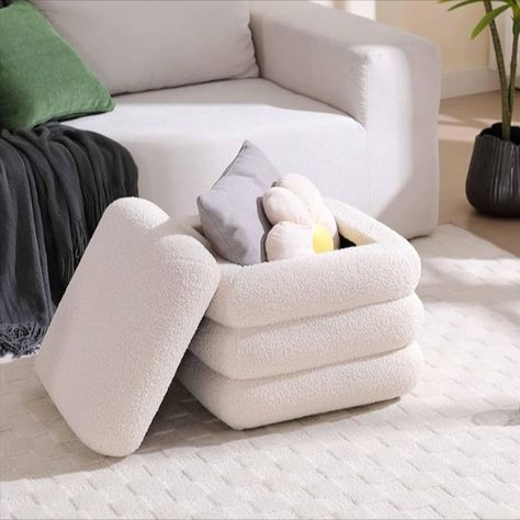 This Ottoman made out of Sherpa provides a cozy texture as well as a perfect step stool or storage space. Perfect for college dorms or small spaces. #college #dorms #sherpa #ottoman #footstool #ad #comfy #cozy #cute #aesthetic #beige #creame Foot Stool With Storage, Sherpa Furniture, Cute Stools, Footstool Bedroom, Sherpa Ottoman, Mirror Space, Couch Storage, Boucle Ottoman, Storage Cube Ottoman