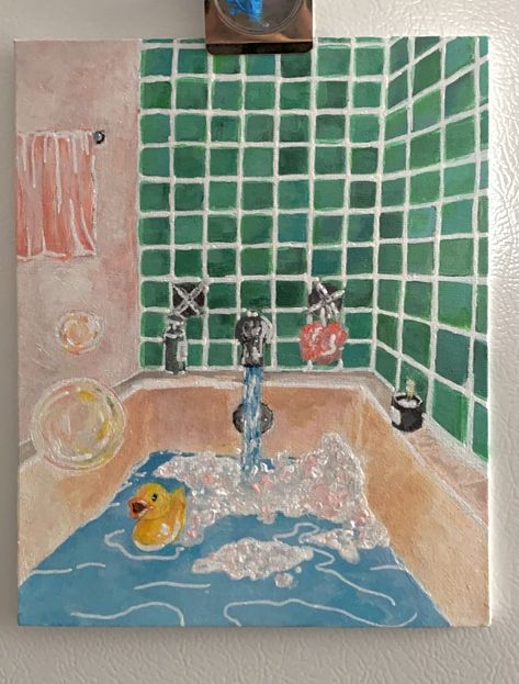 painting acrylic pastel aesthetic bubble bubble bath green duck blue pink Watercolor Bathtub Art, Painting Of Bathtub, Bubble Bath Sketch, Bathroom Acrylic Painting Ideas, Bath Tub Painting Art, How To Draw Bubble Bath, Drawings Of Bathrooms, Bathtub Perspective, Bathroom Drawing Aesthetic