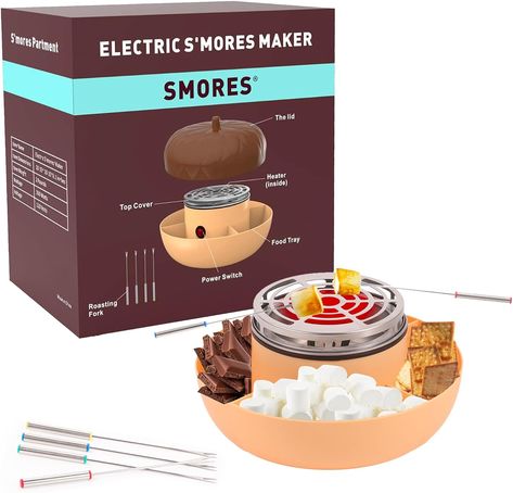 SMORES Tabletop Indoor S'mores Maker - Electric Flameless Smores Maker with Lid - Smores Kit - 4 Compartment Trays and 4 Forks Smore Kit, Gifts For New House, Smores Kit, Smores Maker, Smores Kits, Marshmallow Roasting Sticks, Donut Dessert, Party Trays, Roasting Marshmallows