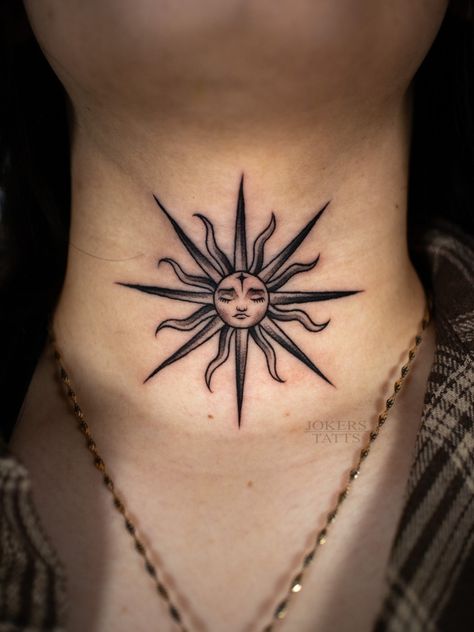 Cute Throat Tattoos For Women, Goth Sun And Moon Tattoo, Sun And Moon Throat Tattoo, Spiritual Throat Tattoo, Statement Tattoos For Women, Moon Throat Tattoo, Sun Throat Tattoo, Eye Throat Tattoo, Lace Neck Tattoo