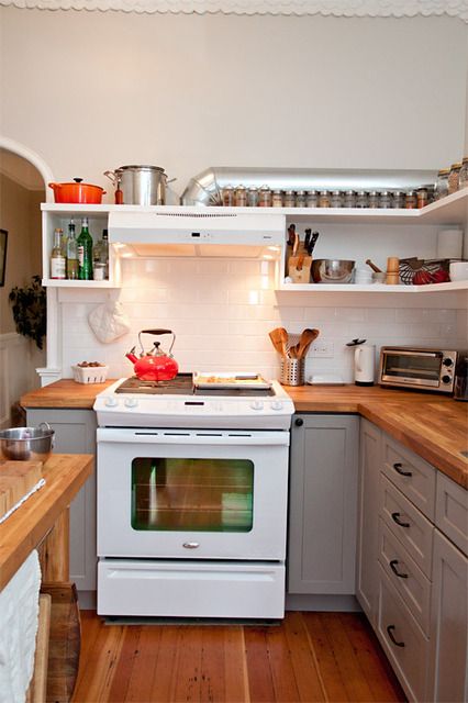 This is where I got the idea to angle my toaster oven in the corner. So mundane, but made a huge difference in the amount of usable space it freed up. Kitchens With Butcher Block Countertops, Butcher Block Countertops Kitchen, Block Countertops, Kitchen Ikea, Casa Clean, Butcher Block Kitchen, Kitchen Exhaust, Kitchen Styles, Condo Ideas