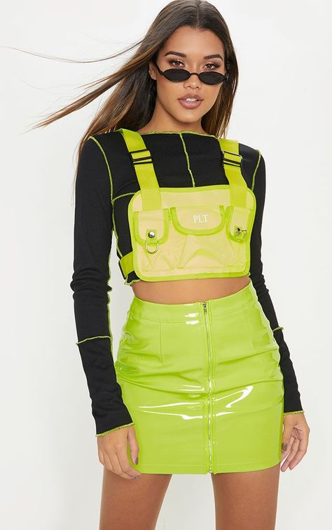 Neon Lime Vinyl Mini Skirt Rave Outfits, Neon Skirt, Vinyl Mini Skirt, Neon Outfits, Rave Clothing, Festival Clothing, Performance Outfit, Looks Style, Womens Fashion Trends