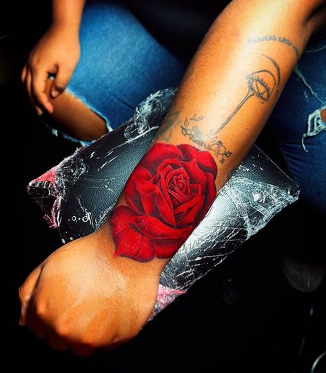 Colored Rose Tattoo Design, Red Rose Tattoos For Women, Colored Rose Tattoo, Rose Tattoo Red, Red Rose Tattoos, Coloured Rose Tattoo, Roses Tattoos, Teeth Gems, Tattoo Red