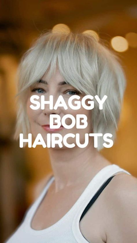 32 Timeless Shaggy Bob Haircuts for Every Season Blonde Choppy Bob With Bangs, Shaggy Bobs Haircuts, Shaggy Stacked Bob Haircut, Short Hair Heavy Bangs, Shaggy Short Pixie Haircut, Stacked Shaggy Bob, Layered Bob Short With Bangs, Shaggy Short Bob For Fine Hair, Bob Shaggy Short