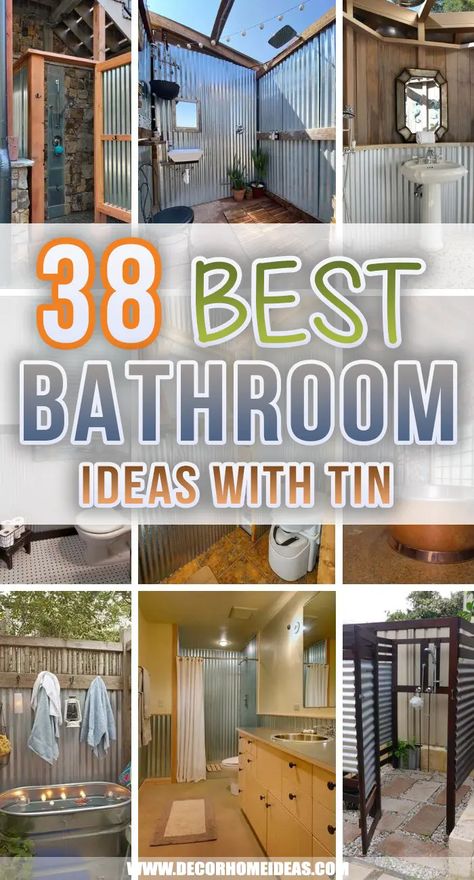 38 Ideas to Decorate Your Bathroom With “Zinc” That Look Cool and Practical | Decor Home Ideas Tin Bathroom Ideas, Metal Shower Walls, Tin Shower Walls, Rustic Outdoor Bathroom, Galvanized Tin Walls, Barn Tin Wall, Galvanized Shower, Tin Shower, Tin Bathroom