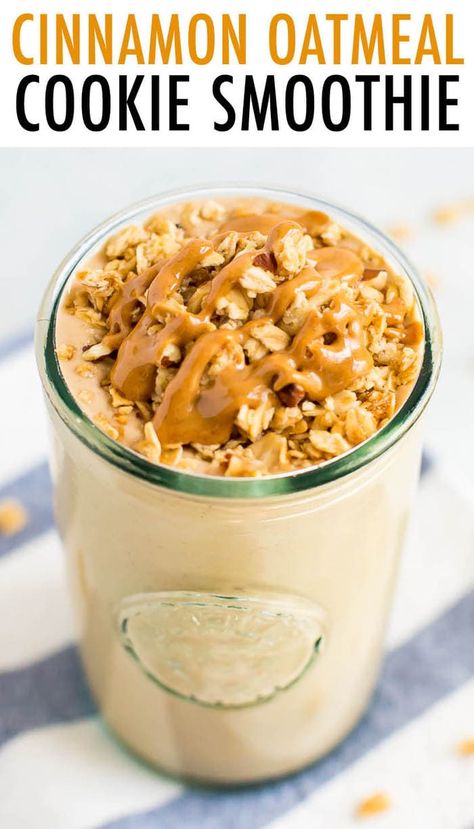 A healthy and protein-packed smoothie that tastes like an oatmeal cookie with a hint of cinnamon. Vegan, gluten-free and perfect for refueling after a workout. #proteinsmoothie #smoothie #breakfast #postworkout #oatmealcookie #healthyrecipe Date Protein Smoothie, Oatmilk Smoothies, Oatmeal Protein Shake, Oatmeal Cookie Smoothie, Cinnamon Oatmeal Cookies, Oatmeal Smoothie Recipes, Protein Oatmeal, Protein Smoothie Recipes, Cinnamon Oatmeal