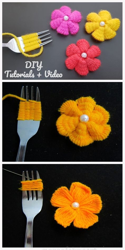 Fun Hand Embroidery Yarn Flower DIY Tutorial with Fork - Video Påskeaktiviteter For Barn, Fork Crafts, Corak Sulaman, Yarn Flower, Embroidery Yarn, Diy Flores, Seni Dan Kraf, Yarn Flowers, Diy Yarn Crafts