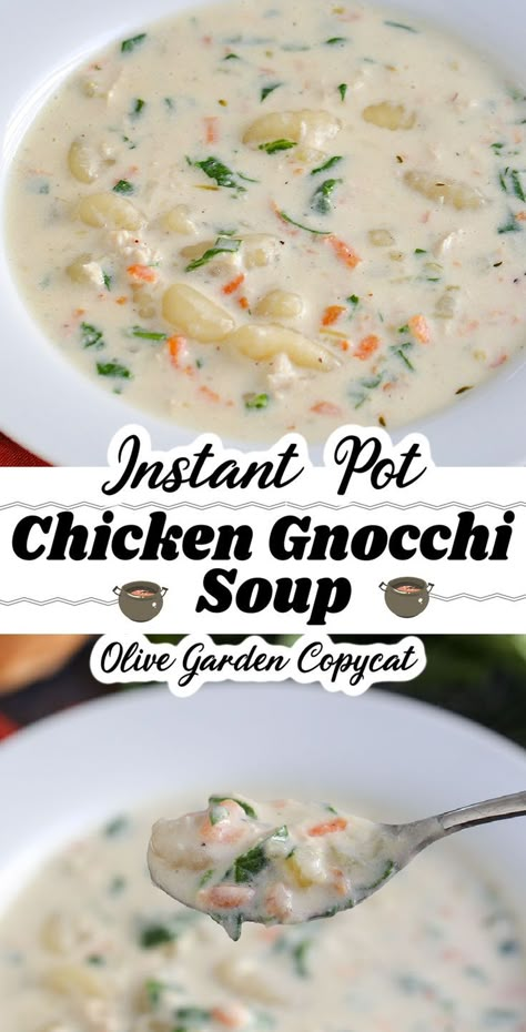 This Olive Garden Instant Pot CHICKEN GNOCCHI SOUP recipe is can be made in 30 minutes. With chicken, vegetables and spices, a perfect restaurant copycat. Instant Pot Recipes Chicken Gnocchi Soup, Instant Pot Creamy Chicken Gnocchi Soup, Instapot Chicken Gnocchi Soup Recipes, Instapot Chicken And Gnocchi Soup, Instant Pot Olive Garden Chicken Gnocchi, Chicken Gnocchi Soup Olive Garden Insta Pot, Instapot Gnocchi Soup Recipes, Copycat Chicken Gnocchi Olive Garden, Instapot Chicken Gnocchi