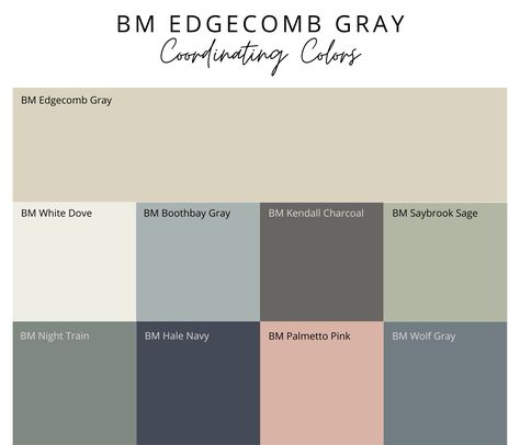 Whole House Color Palette Edgecomb Gray, Edgecomb Gray And Green, Edgecomb Gray Complimentary Colors, Edgecomb Grey Coordinating Colors, Edgecomb Gray Coordinating Green, Intrigue By Benjamin Moore, Colors That Go With Edgecomb Gray, Boothbay Gray Benjamin Moore Coordinating Colors, Edgecomb Gray Color Palette