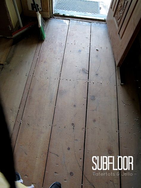 planked subfloor in entryway at Tatertots & Jello Cheap Wood Flooring, Cottage Entryway, Cheap Hardwood Floors, Cottage Flooring, Diy Wood Floors, Farmhouse Flooring, Wood Floors Wide Plank, Wide Plank Flooring, Pine Floors