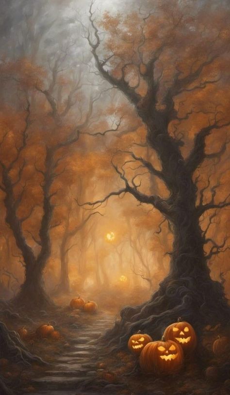 Spooky Woods Painting, Spooky Woods Art, Spooky Forest Painting, Halloween Pumpkins Aesthetic, Samhain Wallpaper, Pumpkin Aesthetic Halloween, Vintage Autumn Illustration, Halloween Ambience, Halloween Landscape