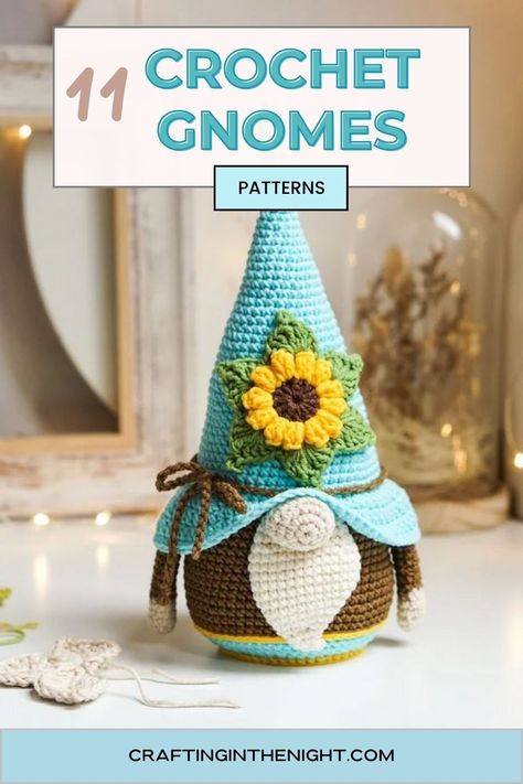 Gnomes are funny, imaginative creatures. We know them for their charm and whimsical air.  You’ll feel great crafting charming, gnome-inspired home decor and gifts for your friends and family. Gnome crochet patterns will inspire your creativity and take you to a place of fantasy. Here are eleven adorable gnome patterns to try for your next crocheting project. #printable #diy #small #crochet #craftinginthenight Crochet Flower Gnomes Free Pattern, Free Crochet Holiday Patterns, Nurse Gnome Crochet Pattern, Small Gnome Crochet Pattern, Small Crochet Gnome Pattern Free, Crochet Summer Gnome, Large Crochet Gnomes Free Pattern, Crochet Fall Gnomes Free Pattern, Free Printable Gnome Patterns