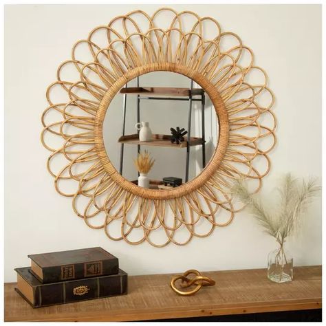 Boho Rattan Flower Round Wall Mirror | Hobby Lobby | 1810084 Boho Sun Mirror, Rattan Nursery Decor, Hobby Lobby Girls Room, Hobby Lobby Nursery Decor, Boho Mirror Decor, Boho Beach Nursery, Small Mirror Wall Decor, Textured Mirror, Nursery Mirror