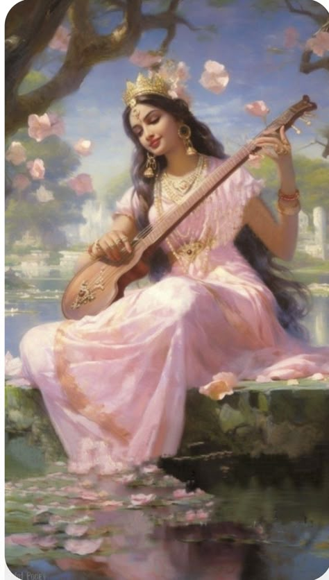 Hindu Mythology Art, Lord Saraswati, Saraswati Picture, Saraswati Painting, Saraswati Mata, Maa Saraswati, Saraswati Devi, Goddess Of Wisdom, Goddess Aesthetic