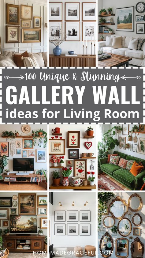 gallery wall ideas for living room Picture And Shelf Arrangements, Multi Picture Wall Decor, Wall Art Photo Frames, Idea For Pictures On Walls, Picture Montage On Wall, Gallery Wall Farmhouse Style, Living Room Decor Photo Frames, Home Wall Photo Ideas, Gallery Wall Above Bookcase