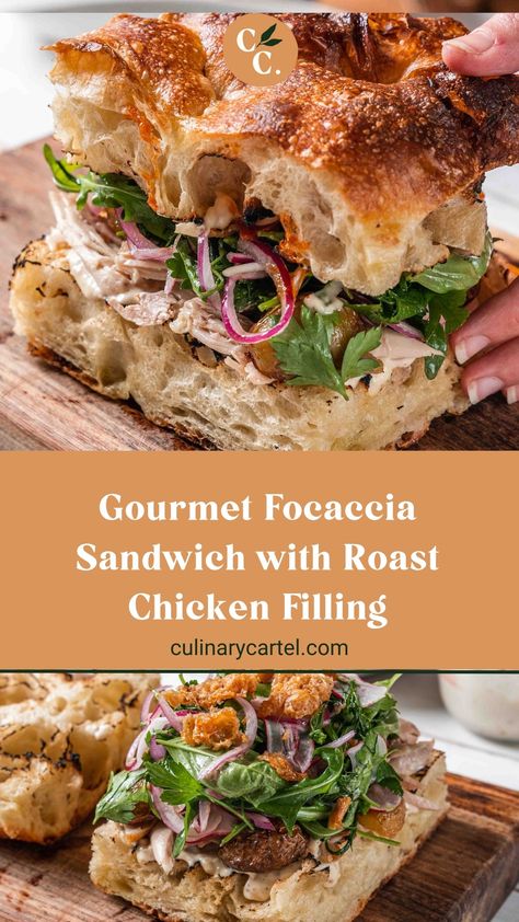 Craving the ultimate focaccia sandwich? This gourmet version includes golden focaccia, roast chicken, baby potatoes, aioli, honey & mint. Turkey Focaccia Sandwich, Chicken Foccacia Recipes, Focaccia Chicken Sandwich, Focaccia Bread Sandwich Recipes, Roasted Turkey Sandwich, Gourmet Chicken Sandwich, Roast Chicken Sandwich, Foccacia Sandwich Ideas, Foccacia Sandwich Recipes