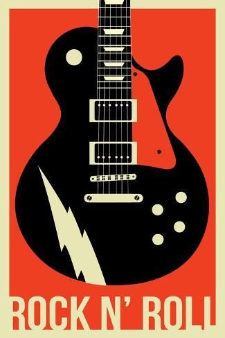 size: 18x12in Art Print: Rock N` Roll - Electric Guitar - Lantern Press Artwork by Lantern Press : Rock And Roll Posters For School, 80s Rock Decor, Electric Guitar Poster, Rock And Roll Art, Retro Music Art, 80s Posters, Guitar Poster, Guitar Artwork, Animals Playing