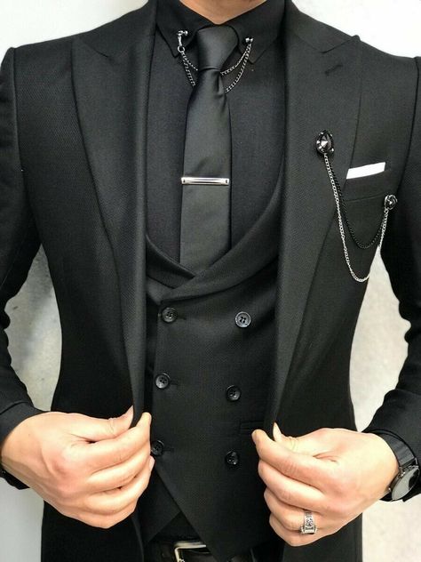 Men Black 3 Piece Slim Fit Suit Peak Lapel Groom Tuxedo Wedding Suit Custom | eBay Groom Tuxedo Wedding, Tie Chain, Tuxedo Wedding Suit, Black Suit Men, Slim Fit Suit Men, Suits Men Business, Groom Tuxedo, Summer 19, Dress Suits For Men