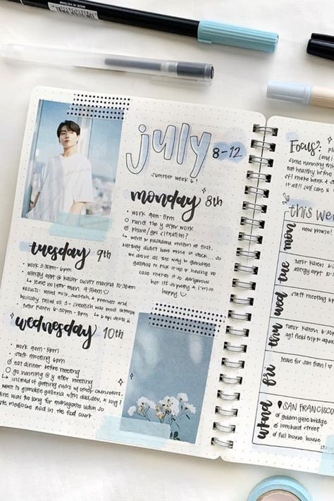 Check out the best blue themed bullet journal spreads and layouts for inspiration! #bujo #bulletjournal #bujotheme #bujolayout Album Photo Voyage, Bullet Journal Spreads, Bullet Journal Cover Ideas, Journal Spreads, Bullet Journal Aesthetic, Bullet Journal Notebook, Diary Ideas, Bullet Journal School, Bullet Journal Themes