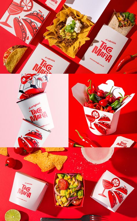 Tacos Packaging Ideas, Mexican Food Packaging Design, Branding Food Design, Red Packaging Design, Restaurant Packaging Design, Food Box Packaging Design, Red Branding Design, Taco Packaging, Food Box Design