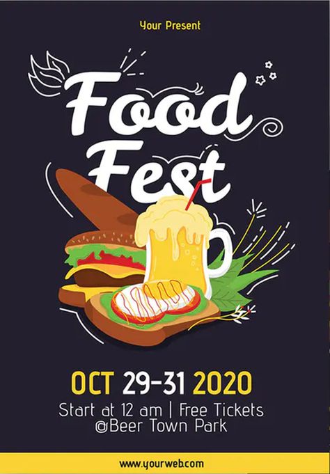 Food Festival - Poster Template. EPS, AI, PSD. A3 Size (297 x 420mm) Bleed. 300 dpi, CYMK Print Ready. Easily customizable (text, color, image and all). Smart Object ready. Organized Layers and Folders. Food Fest Poster Design, Foodfest Poster, Food Expo Poster, Food Festival Logo Design, Food Fair Poster, Food Event Poster, Food Festival Logo, Street Food Poster, Food Festival Branding