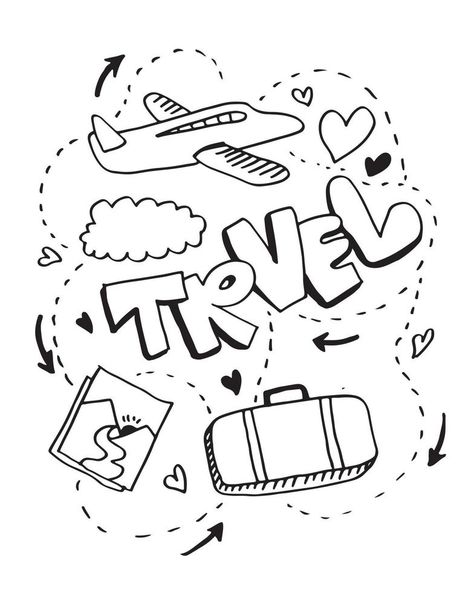 Travel and vacation hand drawn icons. Summer tourism doodles. Outline vector illustration. Travelling Drawing Ideas, Dubai Doodle, Vacation Drawing Ideas, Travel Cartoon Illustration, Travel Doodle Art, Travel Drawing Ideas, Traveling Doodles, Tourism Drawing, Vacation Doodles